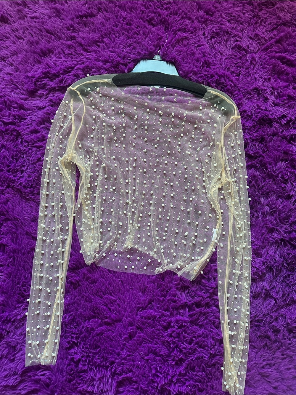 White Fox Boutique Pearl-Embellished Sheer Long Sleeve Top - Cream